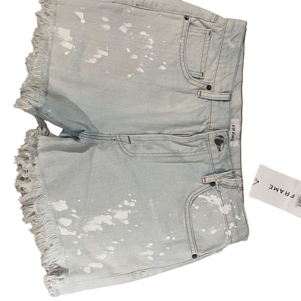 Frame Le Slouch High Waist Raw HemJeanShorts Women's Size 29 Blue Paint Splatter